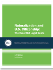 Cover for Naturalization and U.S. Citizenship: The Essential Legal Guide. The cover has a green background and the title, Naturalization and U.S. Citizenship: The Essential Legal Guide, is in white text. Below that, there is a dark blue banner with a circular ILRC logo, with white text across it that reads, "teaching, interpreting, and changing law since 1979." Under the banner, there is more information about the book. In white text, it reads, "18th Edition." Below that, it reads, "By ILRC Attorneys."